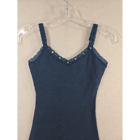 Y2K Aeropostale Cami Tank Top Shelf Bra Lace Trim Blue Ribbed Sz XS Embellished - Picture 2 of 8